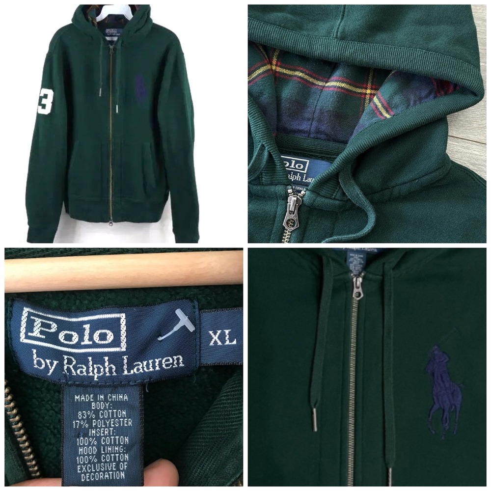 Vtg 90's Polo Ralph Lauren Big Pony Zip Up Hoodie XL Green #3 Plaid "Mintcond"